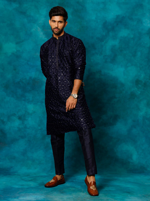 Men's Blue Silk Blend Embellished Kurta
